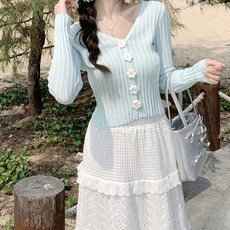 메이첼 여성용 꽃단추 브이넥 골지 크롭 가디건 13442