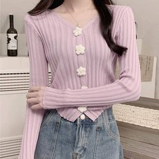 메이첼 여성용 꽃단추 브이넥 골지 크롭 가디건 13442