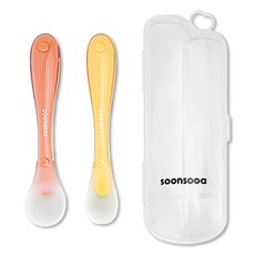 soonsooa 矽膠副食品湯匙2入 + 攜帶盒組, 1套, 粉紅色(湯匙), 黃色(湯匙), 單一顏色(攜帶盒)