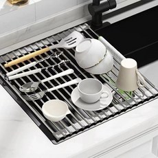 不鏽鋼水槽捲式碗盤瀝水架, 1個, 灰色