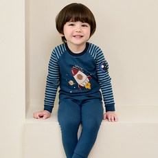 unifriend 童款棉質條紋火箭圖案9分袖居家服套裝