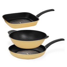 interCOOK 鑽石鍋3件組, 黃色, 方形煎鍋 27cm+平底鍋 28cm+圓炒鍋 28cm, 1組