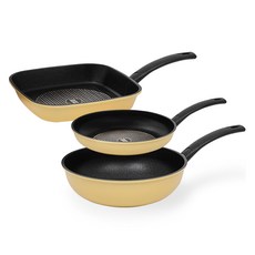 인터쿡 다이아 후라이팬 세트 3개, 옐로우, 사각팬 27cm + 후라이팬 24cm + 궁중팬 28cm, 1세트