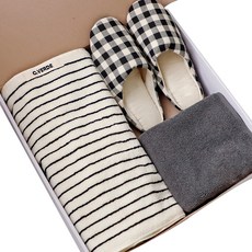까사베르데 선염 스트라이프 호텔 타월 170g 30수 코마사 5p + 고중량 심플 타월 발매트 + 체크돔형 슬리퍼 + 선물박스 세트, 블랙(타월), 그레이(발매트), 베이지 블랙(슬리퍼), 1세트