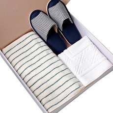 CASA VERDE 先染柔和條紋飯店毛巾 170g 30支精梳棉 5入 + 緹花毛巾地墊 + 條紋拖鞋 + 禮盒組, 深綠色(毛巾), 白色(地墊), 海軍藍(拖鞋), 1套