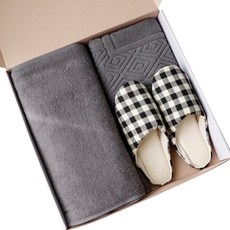 CASA VERDE 高級飯店毛巾 150g 30支精梳棉 5入 + 緹花毛巾地墊 + 格紋圓頂拖鞋 + 禮物盒套組, 深灰色(毛巾, 地墊), 米黑配色(拖鞋), 1套