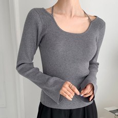 Tteugaejin 女款 Epeki 彈力羅紋雙向肩帶袖開衩針織衫