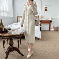 페이퍼먼츠 카라넥 버튼 슬림라인 니트 롱 원피스 23021