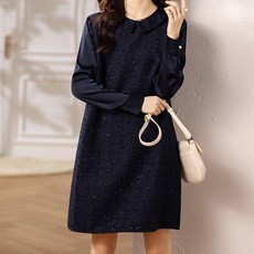 ATTERLIC 緞面撞色翻領粗花呢中長版洋裝 14393 含大尺碼, 海軍藍