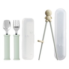 sillymann 韓國製造 奶油矽膠 幼稚園必備品 2件組 奶油綠 1組 湯匙+叉子(含盒)+學習筷(含盒), 1套, 5件