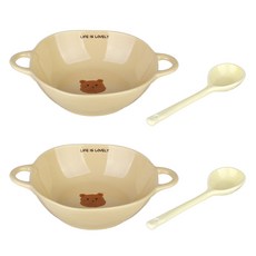 plala 胖胖雙耳碗 2入 + 湯匙 2入 組, 1套, 象牙白小熊