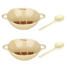 plala 胖胖雙耳碗 2入 + 湯匙 2入 組, 1套, 象牙白三隻熊