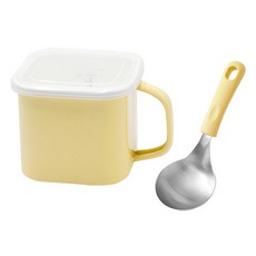 電磁爐適用手柄方形琺瑯鍋 1.45L+迷你湯匙組, 黃色, 1套