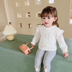 JOYMULTI 女童荷葉邊袖刺繡兔子長袖T恤