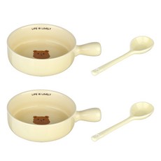 plala 圓嘟嘟小熊手柄碗+湯匙 2入組, 象牙泰迪熊, 1組