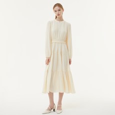 PLASTIC ISLAND 蕾絲拼色細褶連身裙 PQ3WO461, IVORY