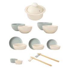HAPPY JUNG 韓國 Mongle 雞蛋蒸鍋 1號 + 2人餐具組 17件組, 奶油色, 天藍色, 9種, 1套