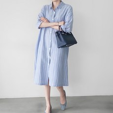 아뗄릭 카라넥 세로 스트라이프 미디 긴팔 셔츠 원피스 14443 빅사이즈 포함