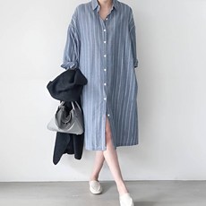 아뗄릭 카라넥 세로 스트라이프 미디 긴팔 셔츠 원피스 14443 빅사이즈 포함