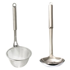 Livingglory 現代風中型湯勺 + 味噌濾網套組, 銀色, 1套