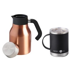아소부 보온보냉 핸드드립 세트, 핸들서버 코퍼 1L + 얼티밋 머그컵 블랙 360ml, 1세트