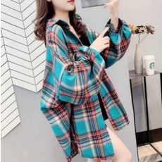 Elsso 女款格紋燈籠袖寬鬆襯衫