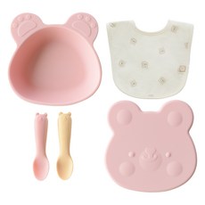 Bellable 孩童自主學習副食品周歲禮盒組 吸盤餐碗 250ml+棉質圍兜+湯匙 2入, 粉色, 1組