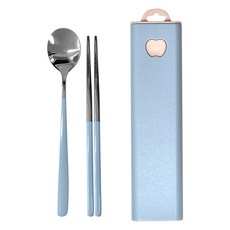 BELLOVIE 不鏽鋼粉彩便攜式防滑餐具組, 湯匙 + 筷子 + 收納盒, 天藍色, 1套
