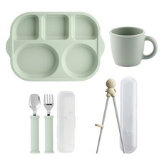 sillymann 嬰幼兒用矽膠自主餵食餐具4件組, 1套, 奶油綠