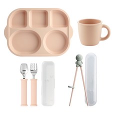 sillymann 奶油色矽膠自主餵食餐具4件組, 1套, 奶油蜜桃