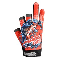 River Fox 3指切口 冰感涼爽 雙手穿戴 釣魚手套, 紅色魚