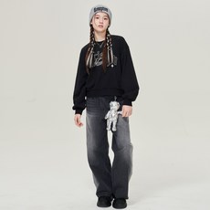 applepink 女童寬鬆水洗寬版牛仔褲