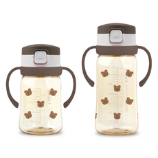 hibee 幼兒用Eightvent按壓式PPSU吸管杯 170ml+270ml組, 可可棕(小熊款), 1組