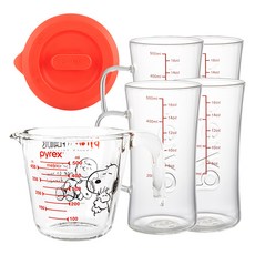 Corelle Brands 康寧餐具 Pyrex 耐熱玻璃史努比量杯 500ml + 蓋子 + 手把啤酒杯 500ml x 4p 組, 混和顏色, 1套