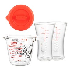 Corelle Brands 康寧餐具 Pyrex 耐熱玻璃史努比量杯 500ml + 附蓋 + 刻度啤酒杯 450ml x 2入組, 混合色, 1套