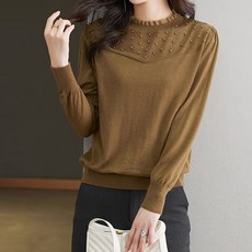 아뗄릭 여성용 프릴넥 솔리드 긴팔 니트 티셔츠 14437