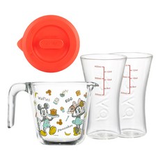 Corelle Brands 康寧餐具 Pyrex 耐熱玻璃 迪士尼 早安米奇量杯 500ml + 蓋子 + 啤酒量杯 450ml x 2入組合, 混合色, 1套