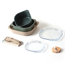 nEOFLam FIKA Object Comfort系列附蓋陶瓷不沾鍋具6件組, 綠色, 1組, 方形鍋 16cm+淺方形鍋 20cm+方形平底鍋 25cm+可拆式把手+樺木隔熱套+保護墊