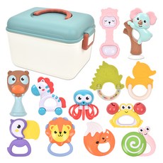 動物搖鈴固齒器12種 + 收納盒套組, 混合顏色, 1套