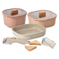 nEOFLam FIKA Object Comfort系列附蓋陶瓷不沾鍋具6件組, 混色, 方形鍋 16cm+淺方形鍋 20cm+方形平底鍋 25cm+可拆式把手+樺木隔熱套+保護墊, 1組