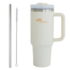 大容量手把保溫杯+吸管+吸管刷組, Cream, 1組, 1.18L