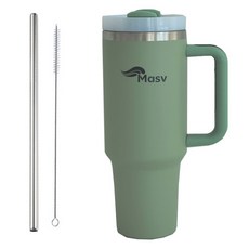 大容量手把保溫杯+吸管+吸管刷組, Hidden Green, 1組, 1.18L