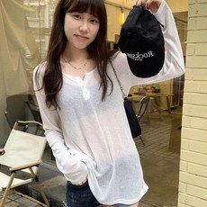 아이엠몽 여성용 리노아 시스루 골지 트임 리본 티셔츠