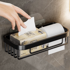 Happy Easy 廁所浴室免打孔壁掛式衛生紙面紙收納盒置物架 長方形, 1個, 黑色