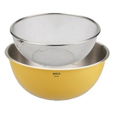 Munggeul不鏽鋼量杯攪拌碗 黃色+篩網組, 1組, 攪拌碗+托盤