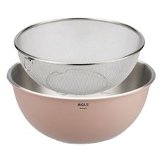 Munggeul不鏽鋼量杯攪拌碗 粉色+篩網組, 1組, 攪拌碗+托盤