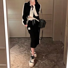 MEICHEL 線條高領半拉鍊T恤 + 中長裙套裝 13534