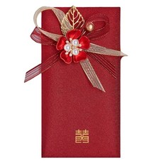 Maket Gamseong 紅色信封 緞帶裝飾信封 深紅色 燙金珍珠花, 1個