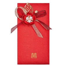 Maket Gamseong 紅色信封 緞帶裝飾信封 紅色 波浪燙金珍珠花, 1個