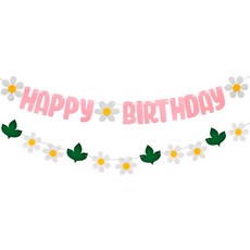 PARTYSHOW 生日派對雛菊掛旗 + 花朵葉子套組, 粉紅色(掛旗), 1套